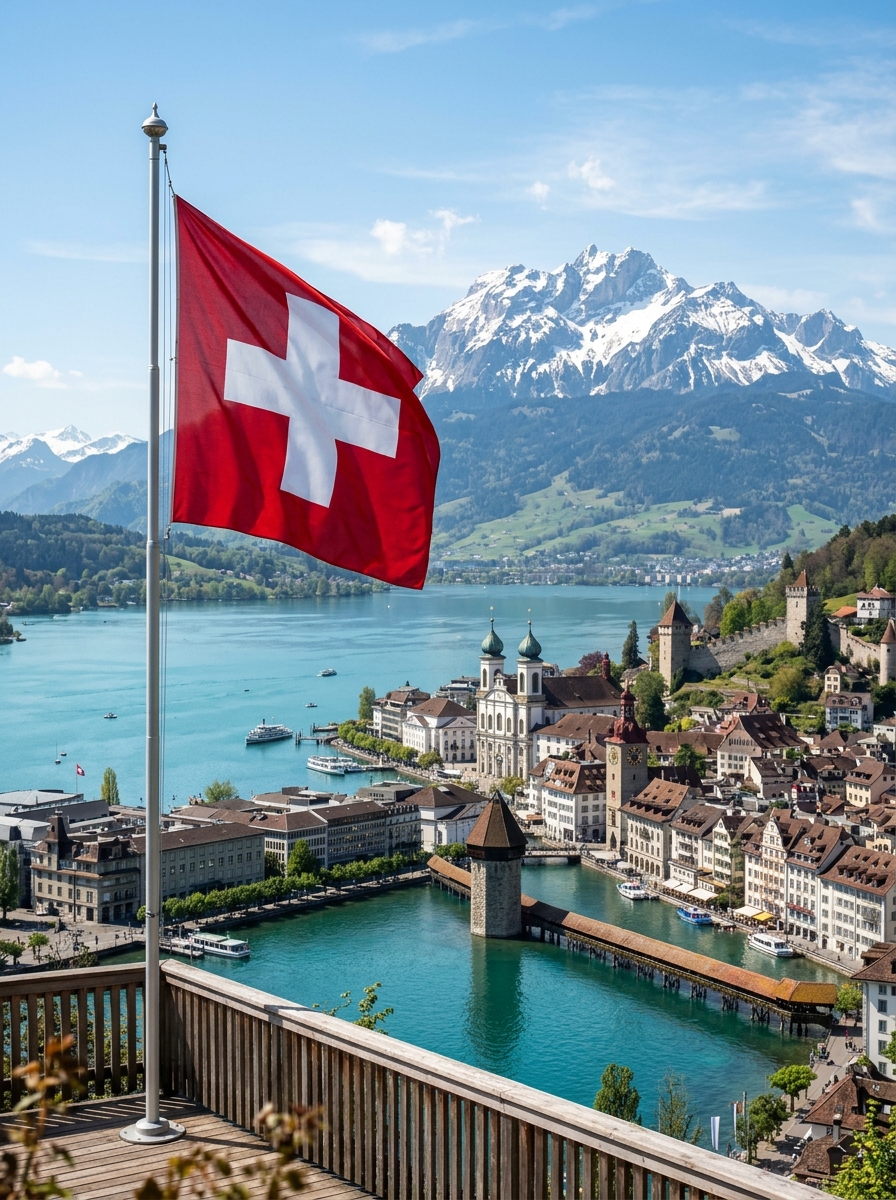 Switzerland Alpine Panorama with Flag